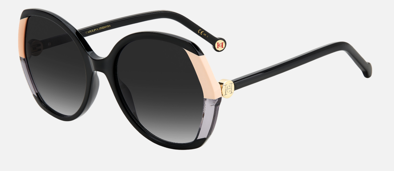 Carolina Herrera CH 0051/S KDX butterfly sunglasses for women in full rim plastic, with black nude frame, and gradient grey lenses. 58mm in lens size, 20mm in bridge size, and 145mm in temple length.
