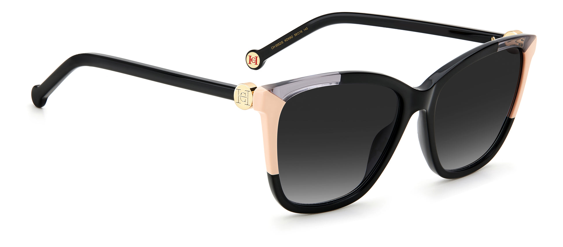 Carolina Herrera CH 0052/S KDX square sunglasses for women in full rim plastic, with black nude frame, and gradient grey lenses. 58mm in lens size, 16mm in bridge size, and 145mm in temple length.