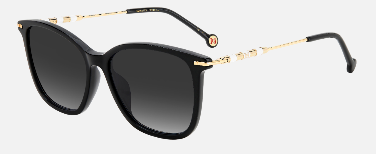 Carolina Herrera HER 0100/G/S 807 square sunglasses for women in full rim plastic, with black frame, and gradient grey lenses. 56mm in lens size, 16mm in bridge size, and 145mm in temple length.