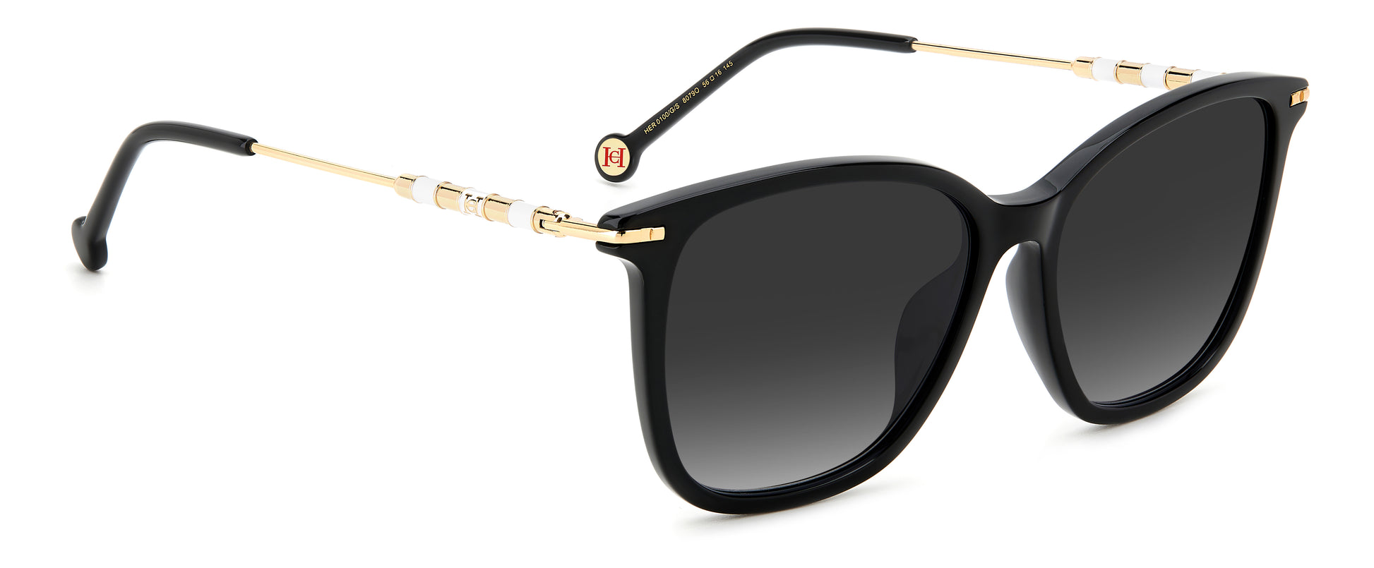 Carolina Herrera HER 0100/G/S 807 square sunglasses for women in full rim plastic, with black frame, and gradient grey lenses. 56mm in lens size, 16mm in bridge size, and 145mm in temple length.