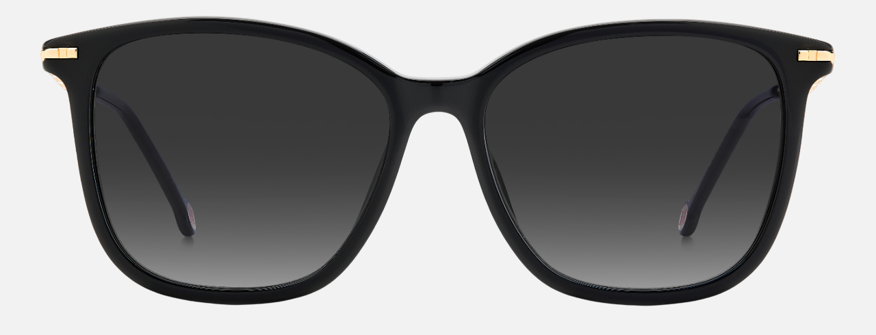 Carolina Herrera HER 0100/G/S 807 square sunglasses for women in full rim plastic, with black frame, and gradient grey lenses. 56mm in lens size, 16mm in bridge size, and 145mm in temple length.