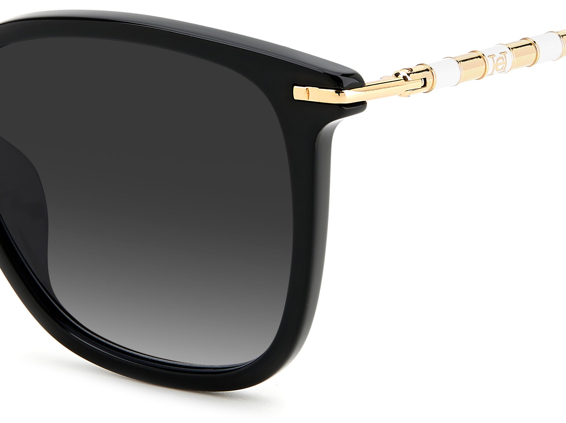 Carolina Herrera HER 0100/G/S 807 square sunglasses for women in full rim plastic, with black frame, and gradient grey lenses. 56mm in lens size, 16mm in bridge size, and 145mm in temple length.