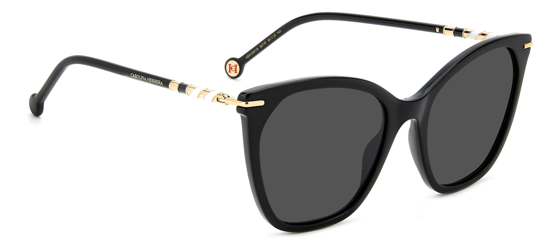 Carolina Herrera HER 0091/S 807 square sunglasses for women in full rim plastic, with black frame, and grey lenses. 56mm in lens size, 20mm in bridge size, and 145mm in temple length.