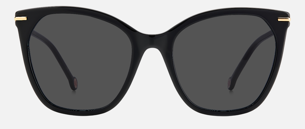 Carolina Herrera HER 0091/S 807 square sunglasses for women in full rim plastic, with black frame, and grey lenses. 56mm in lens size, 20mm in bridge size, and 145mm in temple length.