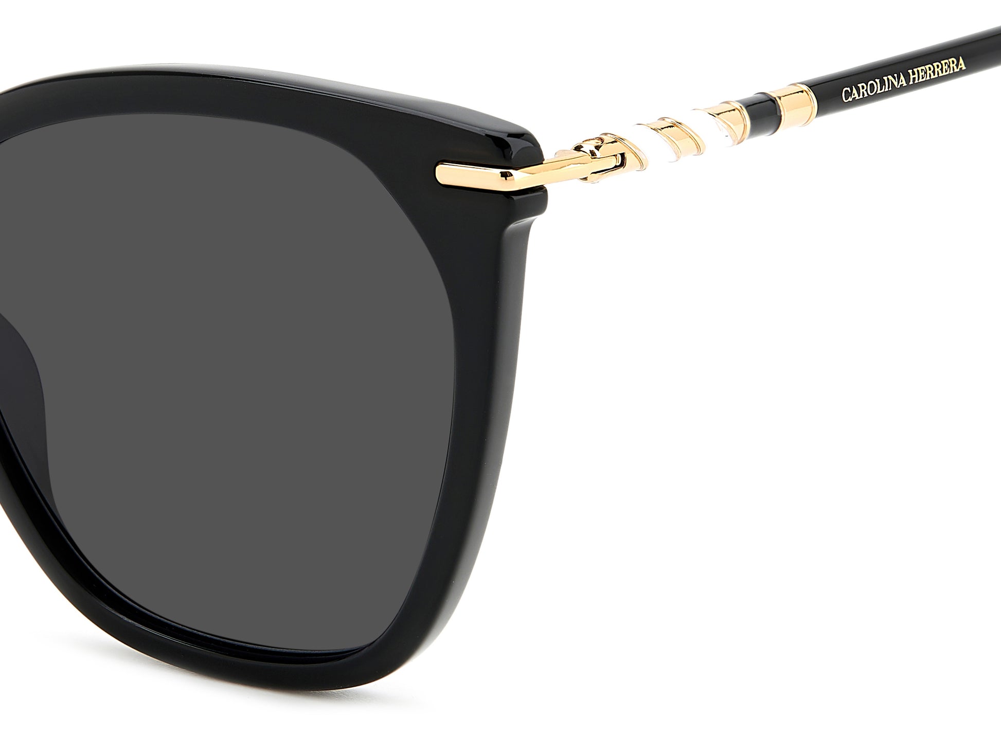 Carolina Herrera HER 0091/S 807 square sunglasses for women in full rim plastic, with black frame, and grey lenses. 56mm in lens size, 20mm in bridge size, and 145mm in temple length.
