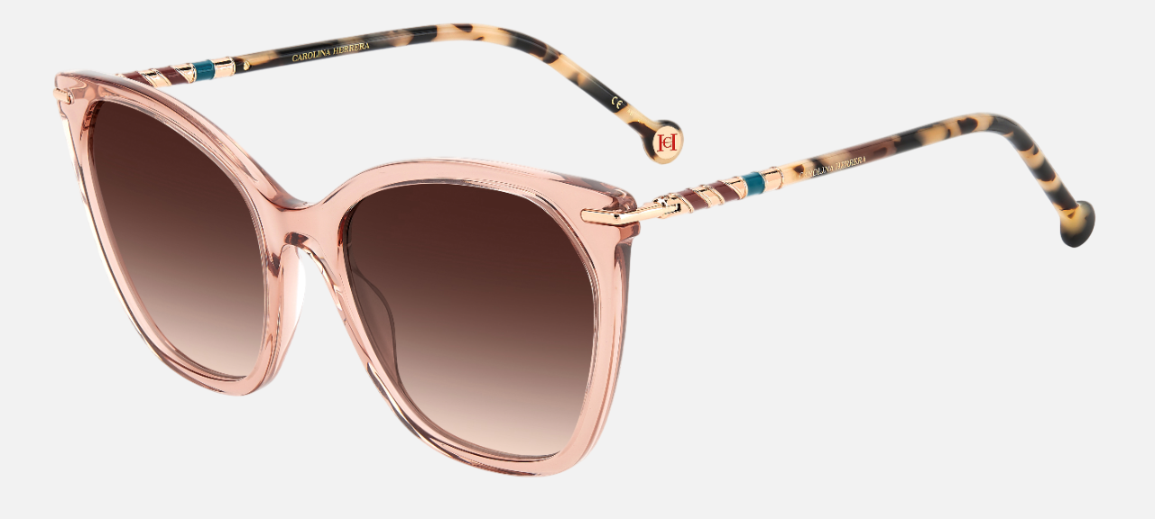 Carolina Herrera HER 0091/S L93 square sunglasses for women in full rim plastic, with transparent pink frame, and gradient pink lenses. 56mm in lens size, 20mm in bridge size, and 145mm in temple length.