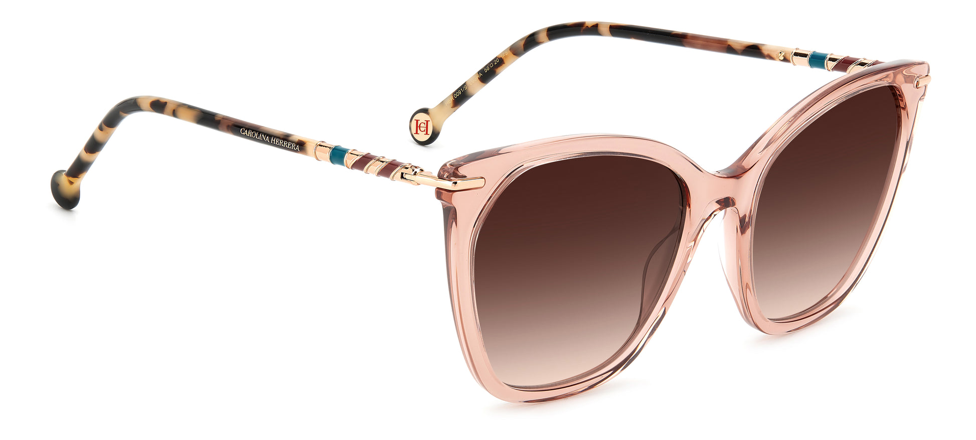 Carolina Herrera HER 0091/S L93 square sunglasses for women in full rim plastic, with transparent pink frame, and gradient pink lenses. 56mm in lens size, 20mm in bridge size, and 145mm in temple length.