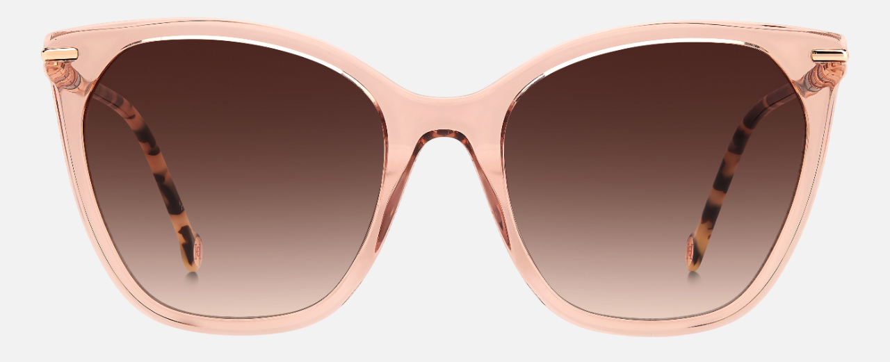 Carolina Herrera HER 0091/S L93 square sunglasses for women in full rim plastic, with transparent pink frame, and gradient pink lenses. 56mm in lens size, 20mm in bridge size, and 145mm in temple length.