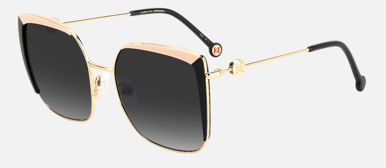 Carolina Herrera HER 0111/S KDX square sunglasses for women in full rim metal, with black nude frame, and gradient grey lenses. 57mm in lens size, 20mm in bridge size, and 145mm in temple length.