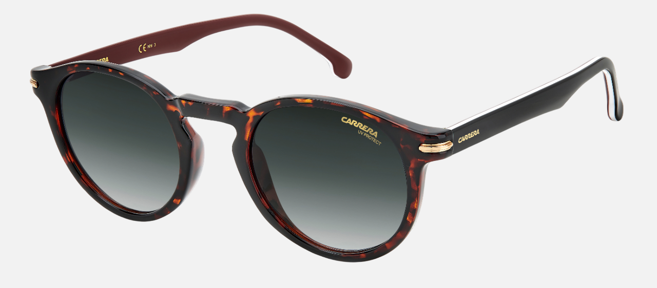 Carrera 301/S 086 round sunglasses for unisex in full rim plastic, with havana frame, and gradient grey lenses. 50mm in lens size, 23mm in bridge size, and 145mm in temple length.