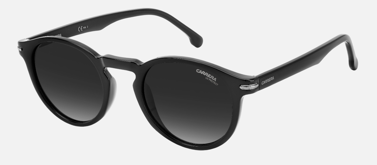 Carrera 301/S 807 round sunglasses for unisex in full rim plastic, with black frame, and green lenses. 50mm in lens size, 23mm in bridge size, and 145mm in temple length.