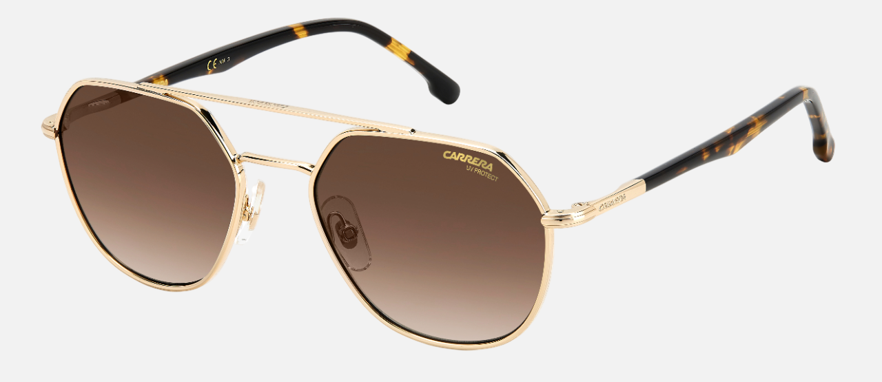 Carrera 303/S 06J pilot sunglasses for unisex in full rim metal, with gold frame, and gradient brown lenses. 53mm in lens size, 19mm in bridge size, and 145mm in temple length.