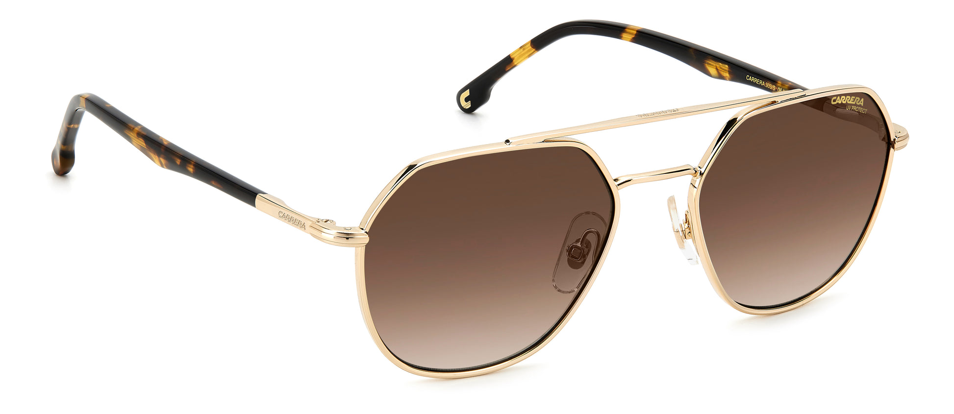 Carrera 303/S 06J pilot sunglasses for unisex in full rim metal, with gold frame, and gradient brown lenses. 53mm in lens size, 19mm in bridge size, and 145mm in temple length.