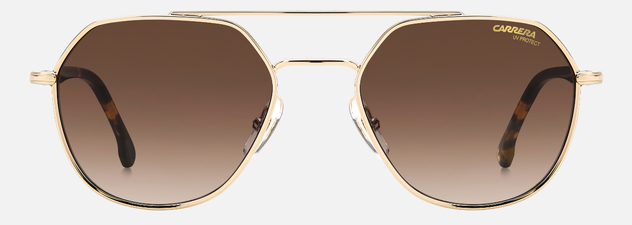 Carrera 303/S 06J pilot sunglasses for unisex in full rim metal, with gold frame, and gradient brown lenses. 53mm in lens size, 19mm in bridge size, and 145mm in temple length.