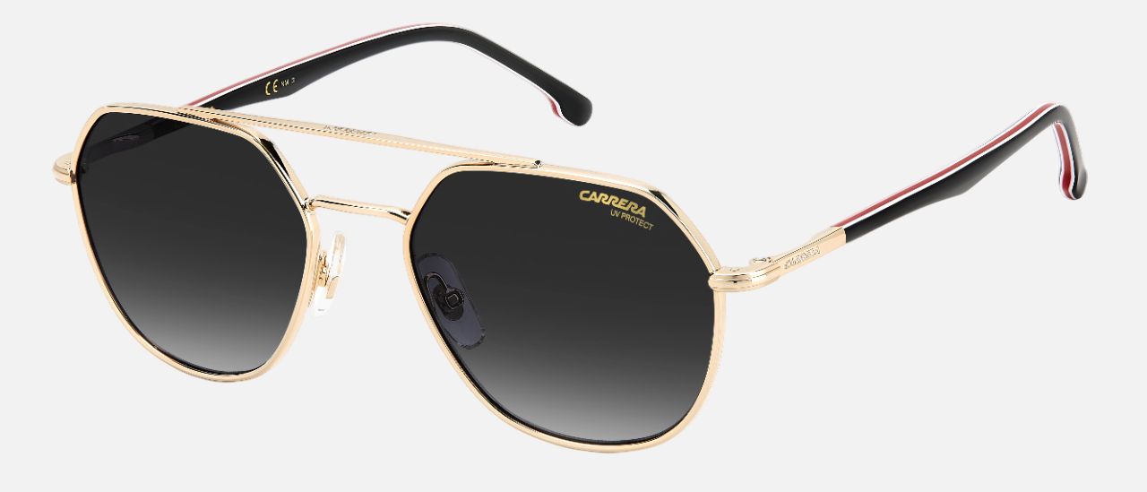 Carrera 303/S W97 pilot sunglasses for unisex in full rim metal, with gold frame, and gradient grey lenses. 53mm in lens size, 19mm in bridge size, and 145mm in temple length.