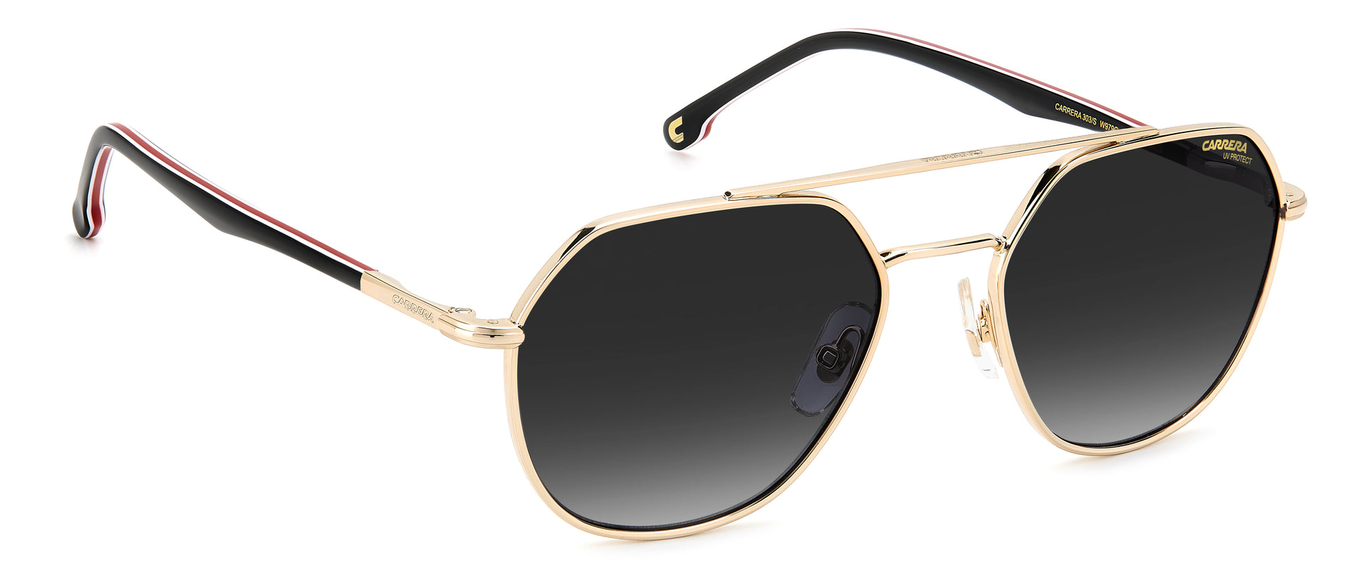 Carrera 303/S W97 pilot sunglasses for unisex in full rim metal, with gold frame, and gradient grey lenses. 53mm in lens size, 19mm in bridge size, and 145mm in temple length.