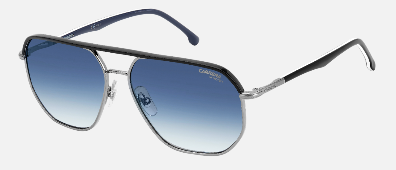 Carrera 304/S V84 square sunglasses for men in full rim metal, with grey black frame, and gradient blue lenses. 59mm in lens size, 15mm in bridge size, and 145mm in temple length.