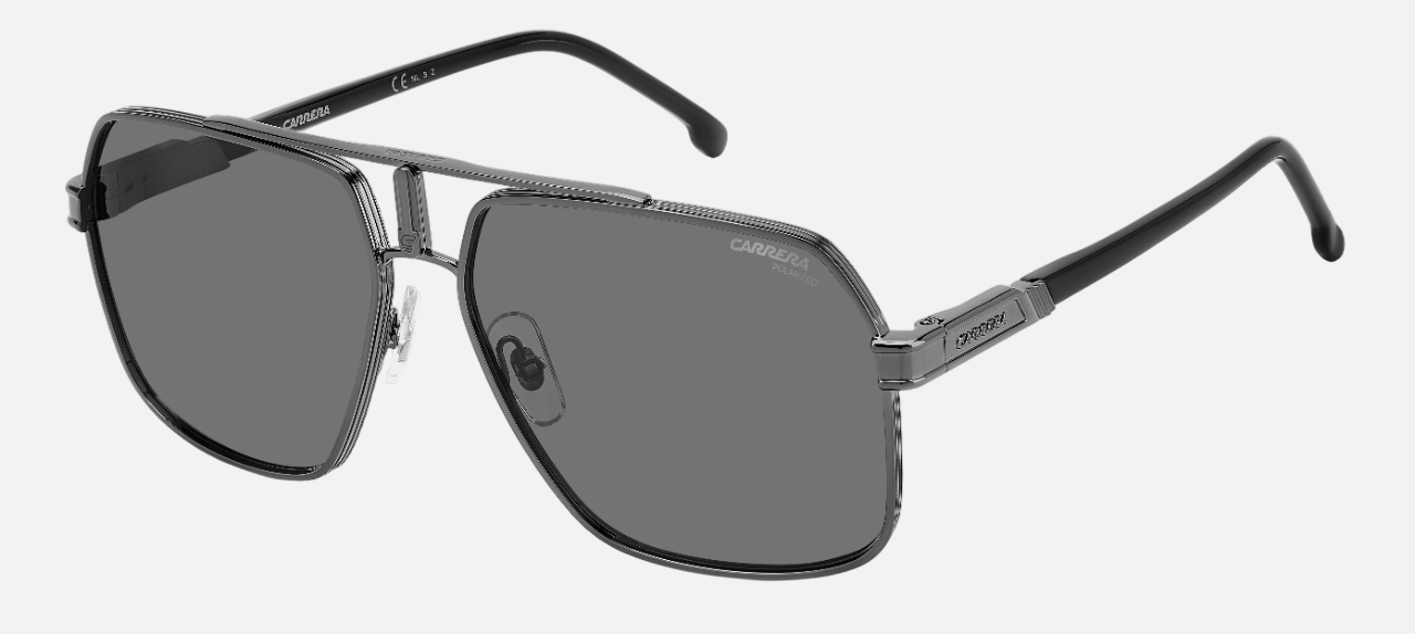 Carrera 1055/S V81 pilot sunglasses for men in full rim metal, with dark grey frame, and grey lenses. 62mm in lens size, 15mm in bridge size, and 145mm in temple length.