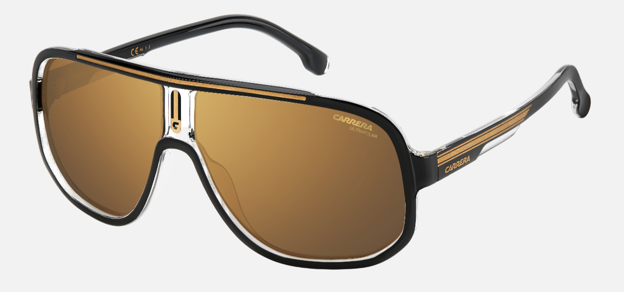 Carrera 1058/S 2M2 pilot sunglasses for men in full rim plastic, with black gold frame, and gradient brown lenses. 63mm in lens size, 11mm in bridge size, and 135mm in temple length.