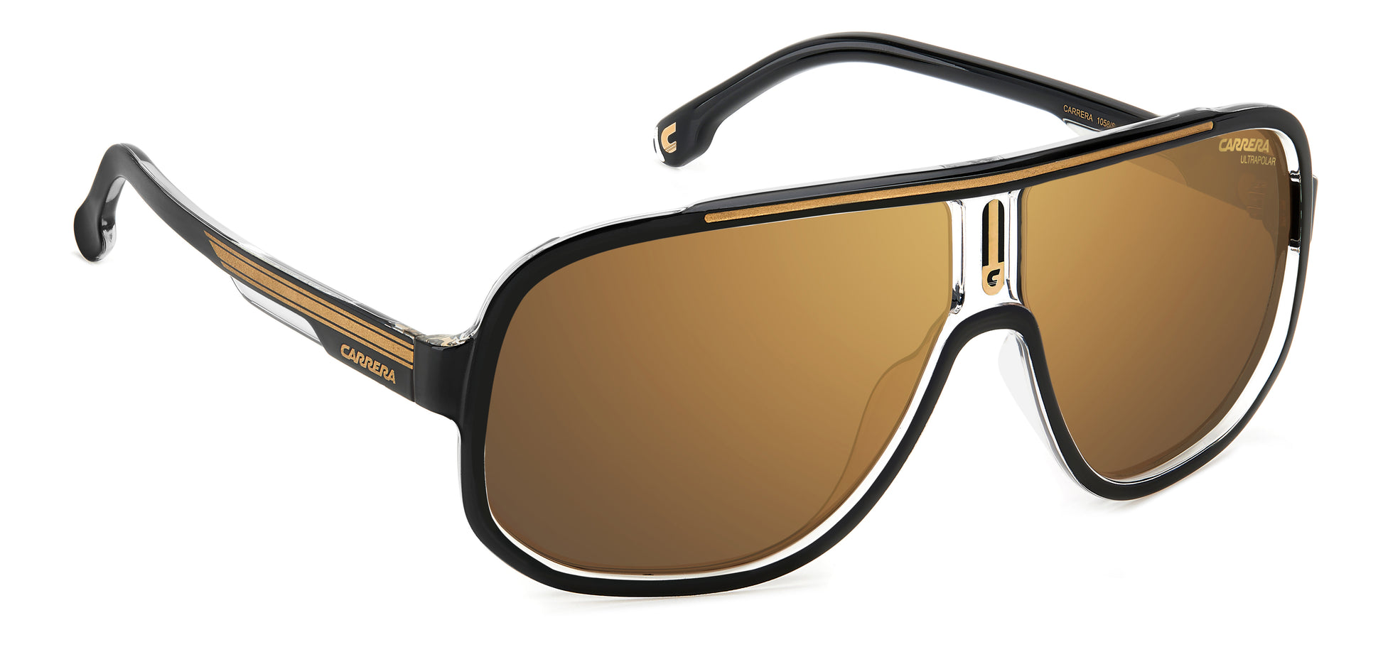 Carrera 1058/S 2M2 pilot sunglasses for men in full rim plastic, with black gold frame, and gradient brown lenses. 63mm in lens size, 11mm in bridge size, and 135mm in temple length.
