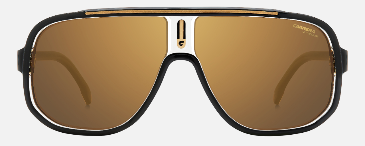 Carrera 1058/S 2M2 pilot sunglasses for men in full rim plastic, with black gold frame, and gradient brown lenses. 63mm in lens size, 11mm in bridge size, and 135mm in temple length.