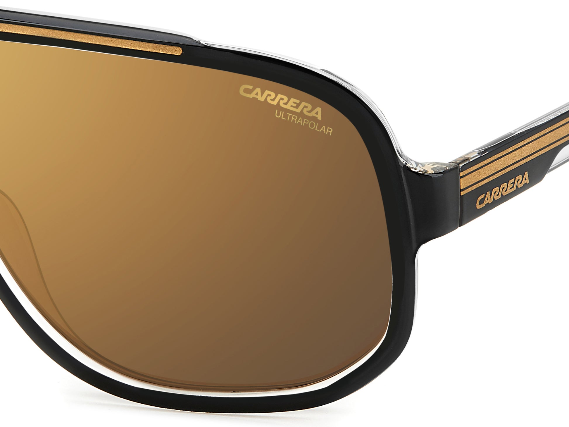 Carrera 1058/S 2M2 pilot sunglasses for men in full rim plastic, with black gold frame, and gradient brown lenses. 63mm in lens size, 11mm in bridge size, and 135mm in temple length.