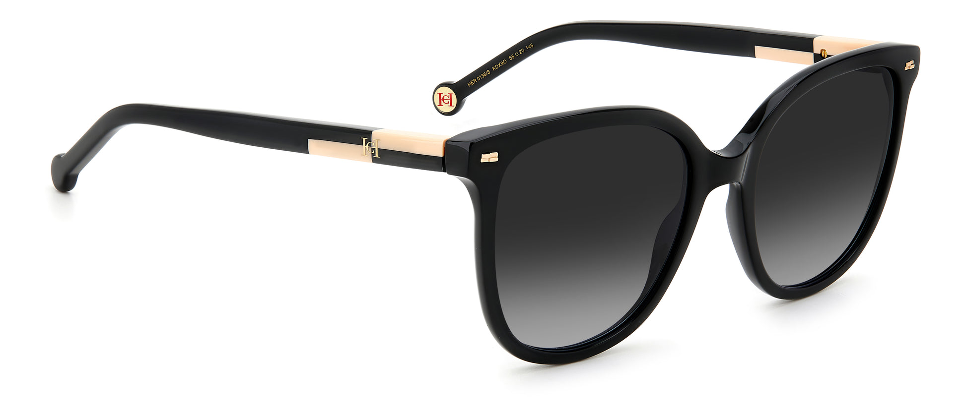 Carolina Herrera HER 0136/S KDX round sunglasses for women in full rim plastic, with black nude frame, and gradient grey lenses. 55mm in lens size, 20mm in bridge size, and 145mm in temple length.
