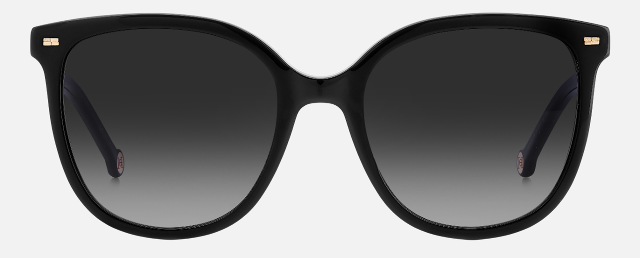 Carolina Herrera HER 0136/S KDX round sunglasses for women in full rim plastic, with black nude frame, and gradient grey lenses. 55mm in lens size, 20mm in bridge size, and 145mm in temple length.
