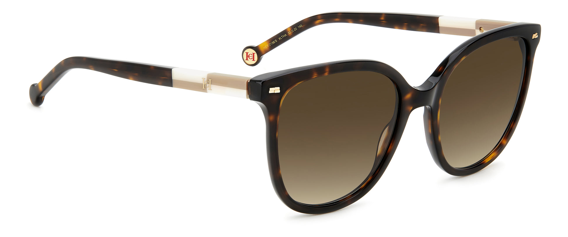Carolina Herrera HER 0136/S XLT round sunglasses for women in full rim plastic, with havana frame, and gradient grey lenses. 55mm in lens size, 20mm in bridge size, and 143mm in temple length.
