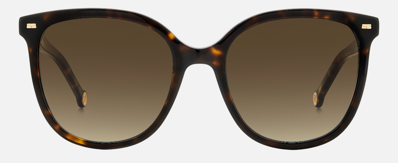 Carolina Herrera HER 0136/S XLT round sunglasses for women in full rim plastic, with havana frame, and gradient grey lenses. 55mm in lens size, 20mm in bridge size, and 143mm in temple length.