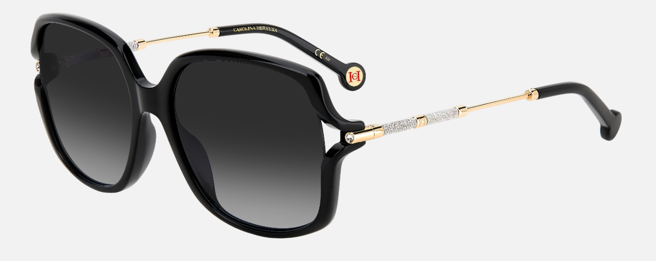 Carolina Herrera HER 0132/G/S 807 square sunglasses for women in full rim plastic, with black frame, and gradient grey lenses. 58mm in lens size, 16mm in bridge size, and 135mm in temple length.