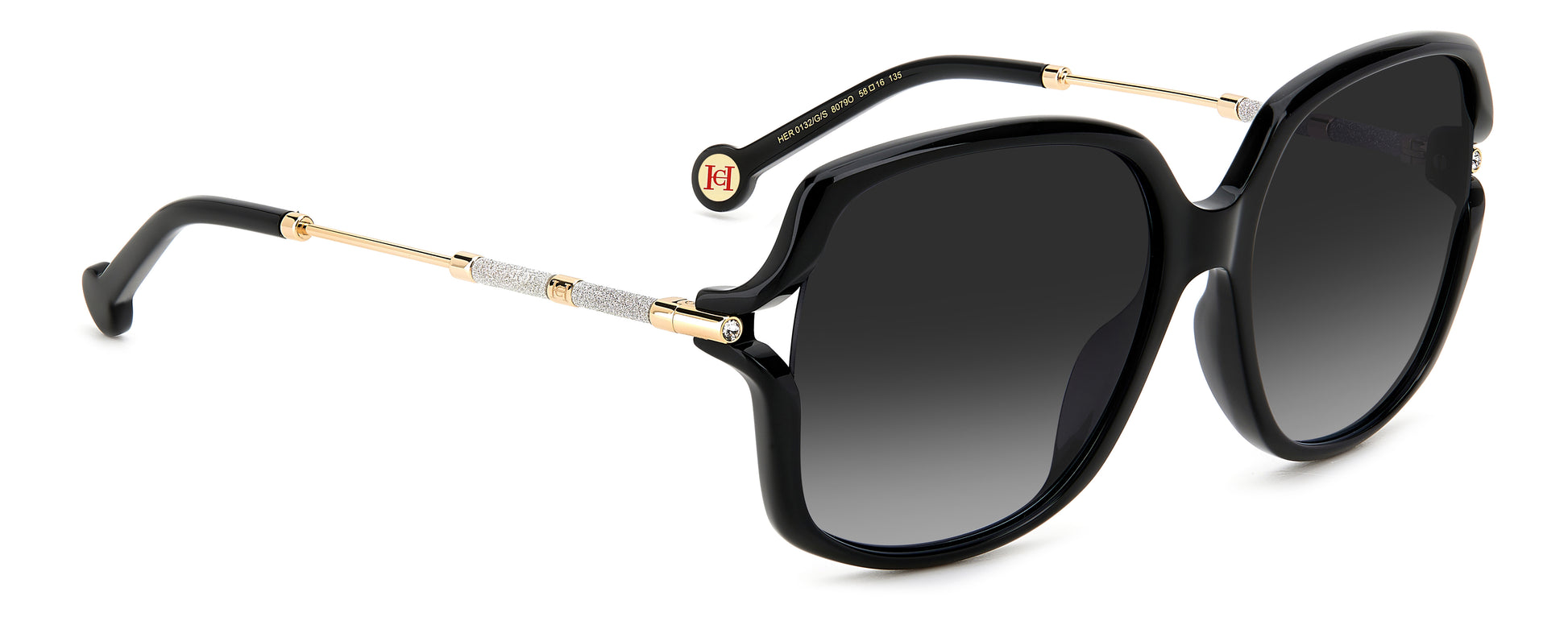 Carolina Herrera HER 0132/G/S 807 square sunglasses for women in full rim plastic, with black frame, and gradient grey lenses. 58mm in lens size, 16mm in bridge size, and 135mm in temple length.