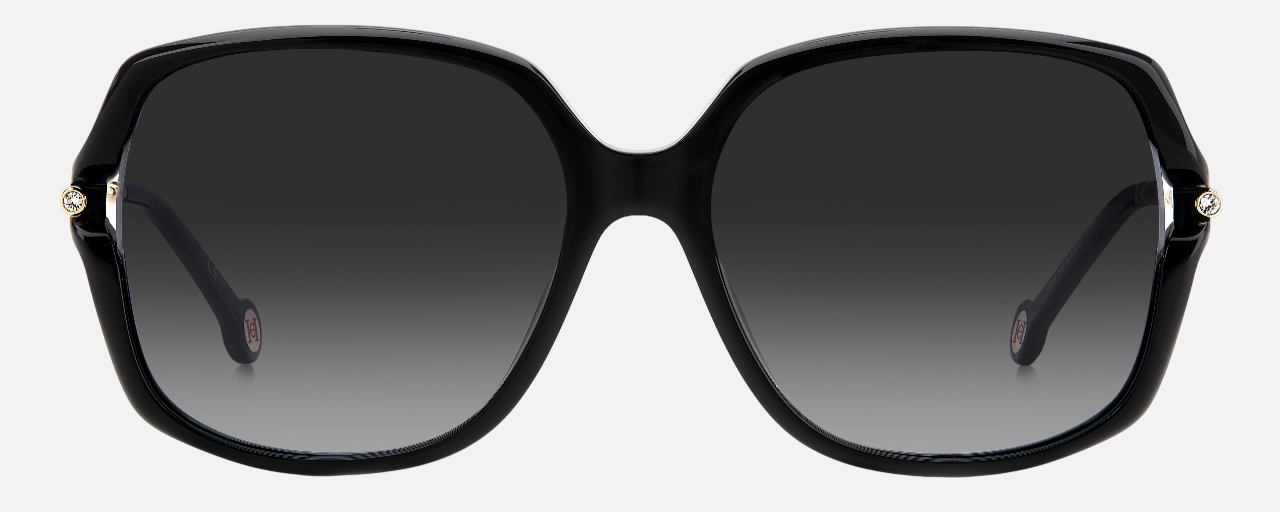 Carolina Herrera HER 0132/G/S 807 square sunglasses for women in full rim plastic, with black frame, and gradient grey lenses. 58mm in lens size, 16mm in bridge size, and 135mm in temple length.
