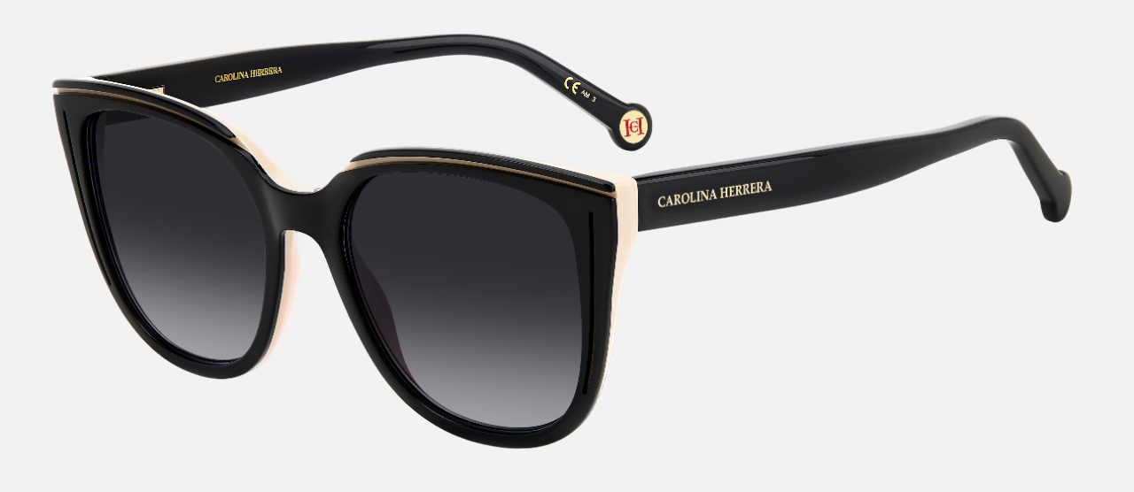 Carolina Herrera HER 0144/S KDX cat-eye sunglasses for women in full rim plastic, with black nude frame, and gradient grey lenses. 53mm in lens size, 18mm in bridge size, and 145mm in temple length.