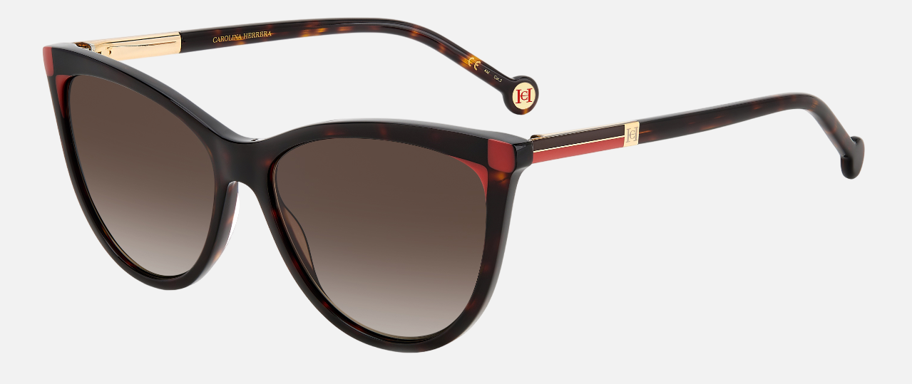 Carolina Herrera HER 0141/S O63 cat-eye sunglasses for women in full rim plastic, with havana red frame, and gradient brown lenses. 57mm in lens size, 15mm in bridge size, and 145mm in temple length.