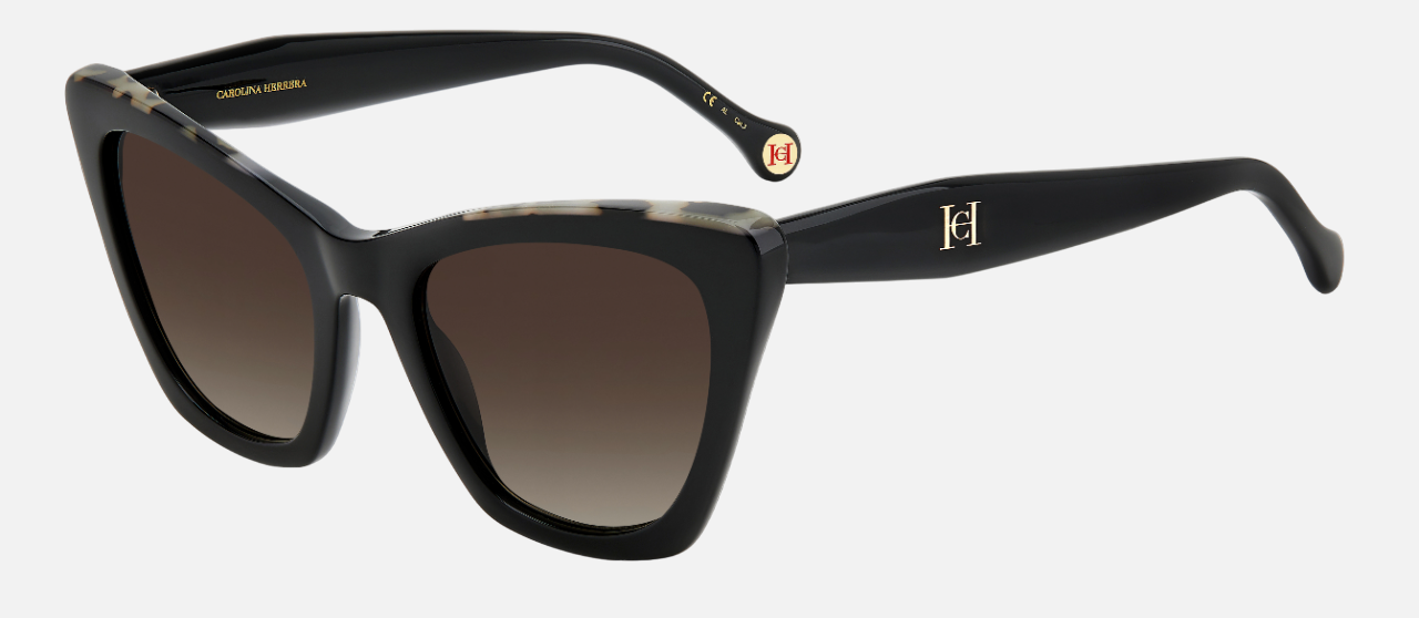 Carolina Herrera HER 0129/S WR7 cat-eye sunglasses for women in full rim plastic, with black havana frame, and gradient brown lenses. 55mm in lens size, 21mm in bridge size, and 145mm in temple length.