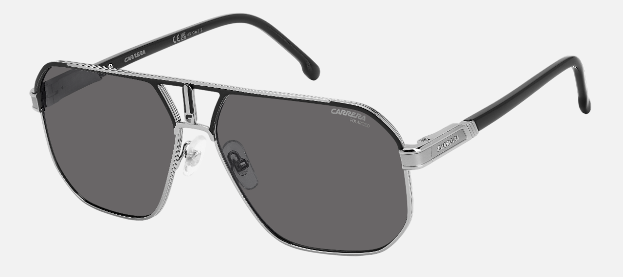 Carrera 1062/S RZZ pilot sunglasses for men in full rim metal, with black dark silver frame, and dark grey lenses. 62mm in lens size, 14mm in bridge size, and 145mm in temple length.