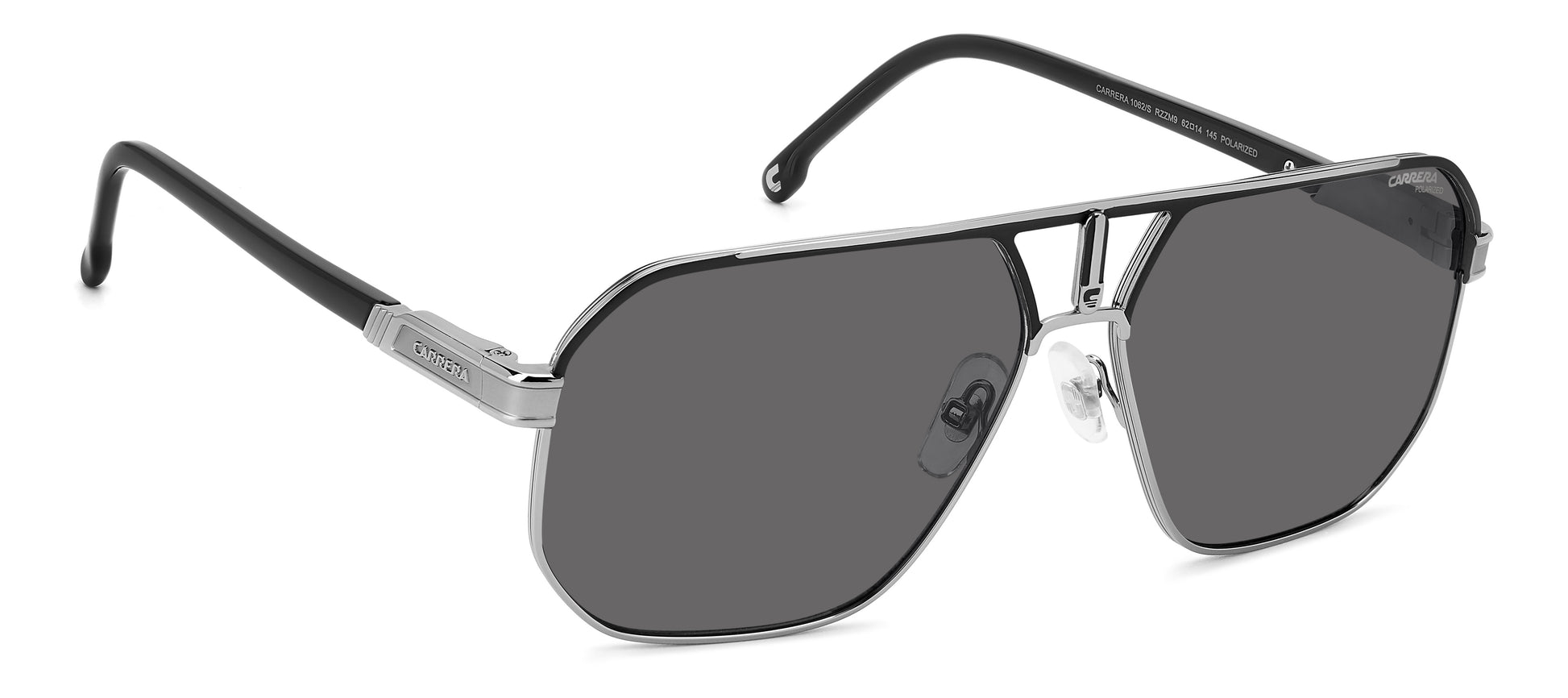Carrera 1062/S RZZ pilot sunglasses for men in full rim metal, with black dark silver frame, and dark grey lenses. 62mm in lens size, 14mm in bridge size, and 145mm in temple length.