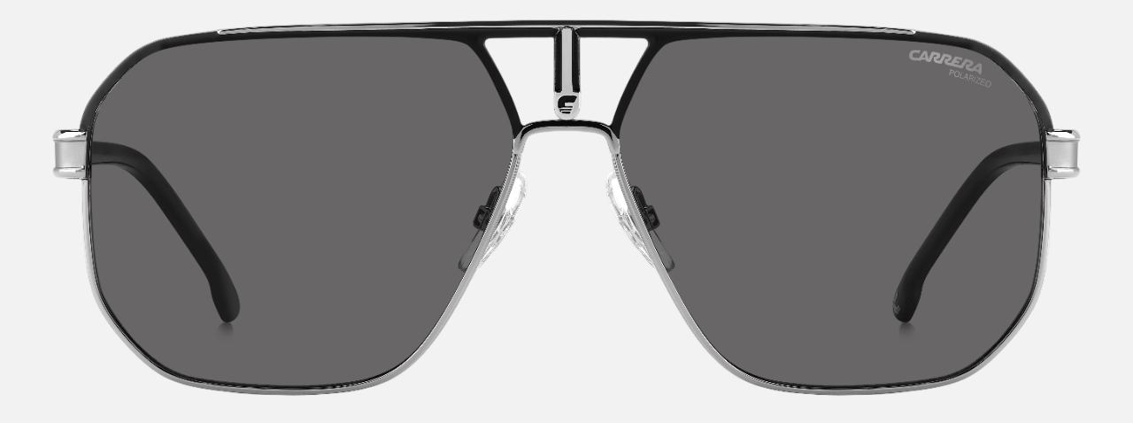 Carrera 1062/S RZZ pilot sunglasses for men in full rim metal, with black dark silver frame, and dark grey lenses. 62mm in lens size, 14mm in bridge size, and 145mm in temple length.
