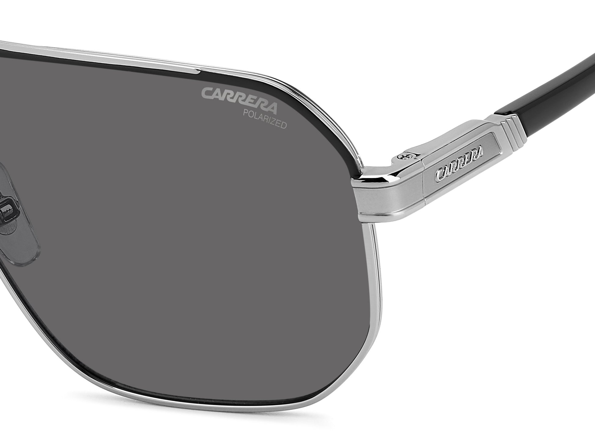 Carrera 1062/S RZZ pilot sunglasses for men in full rim metal, with black dark silver frame, and dark grey lenses. 62mm in lens size, 14mm in bridge size, and 145mm in temple length.