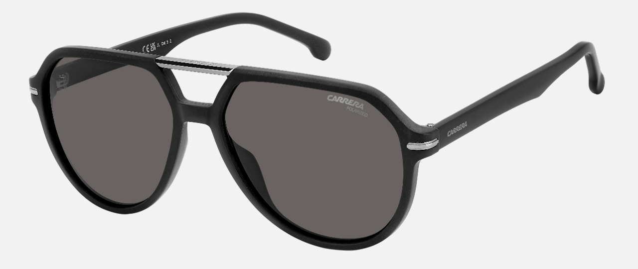 Carrera 315/S 003 pilot sunglasses for men in full rim plastic, with matte black frame, and dark grey lenses. 58mm in lens size, 15mm in bridge size, and 145mm in temple length.
