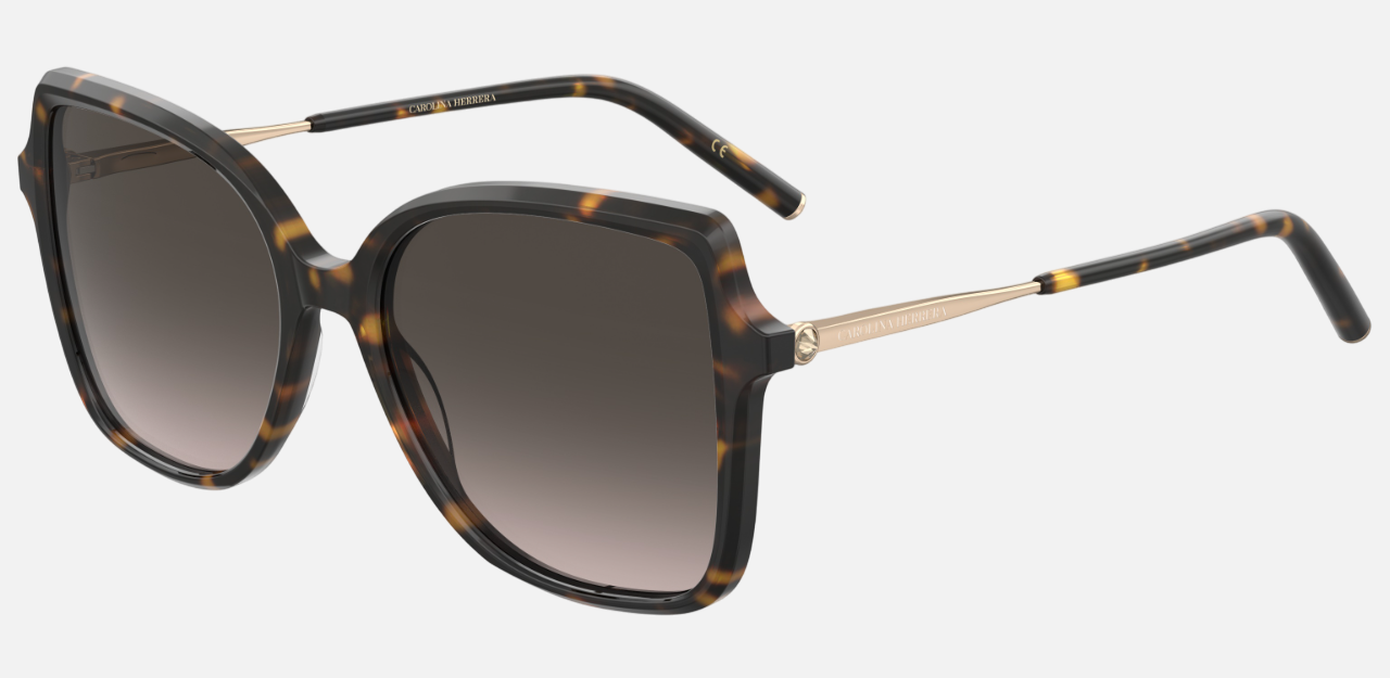 Carolina Herrera HER 0179/S 2IK butterfly sunglasses for women in full rim plastic, with havana gold frame, and gradient brown lenses. 55mm in lens size, 19mm in bridge size, and 138mm in temple length.