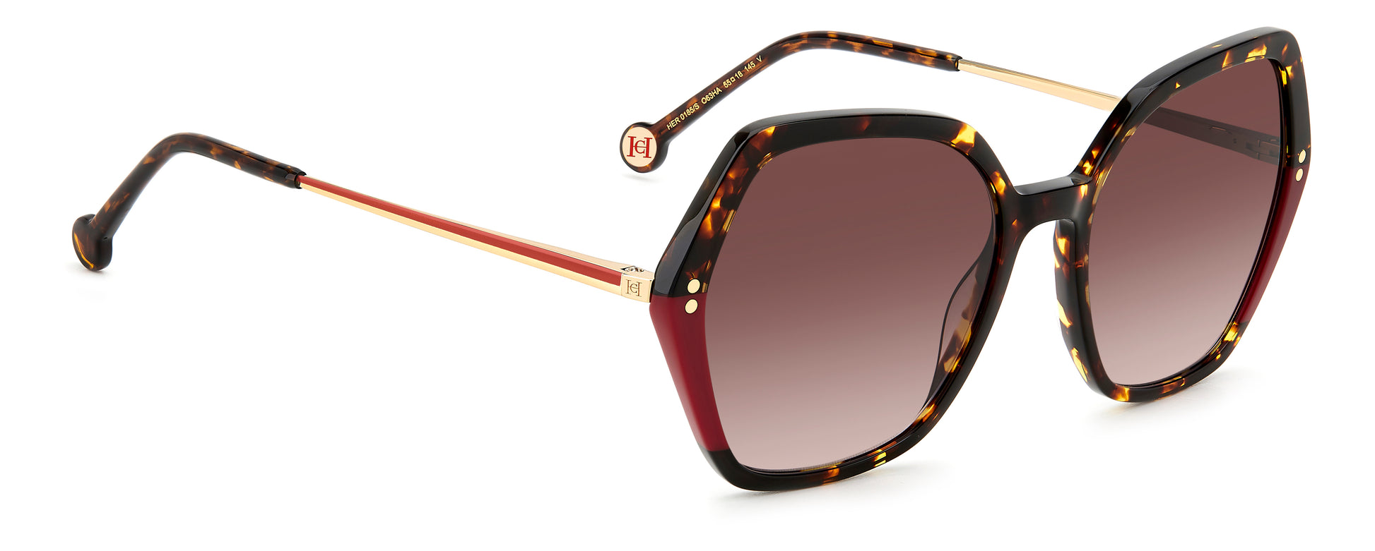 Carolina Herrera HER 0185/S O63 hexagonal sunglasses for women in full rim plastic, with havana red frame, and gradient brown lenses. 55mm in lens size, 18mm in bridge size, and 145mm in temple length.