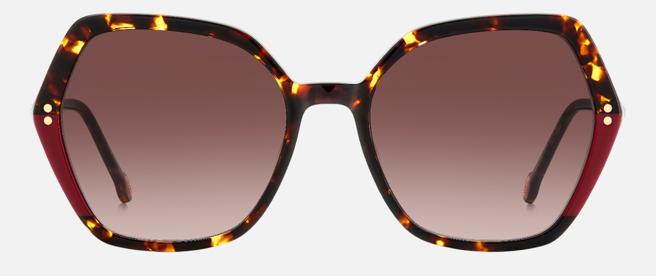 Carolina Herrera HER 0185/S O63 hexagonal sunglasses for women in full rim plastic, with havana red frame, and gradient brown lenses. 55mm in lens size, 18mm in bridge size, and 145mm in temple length.