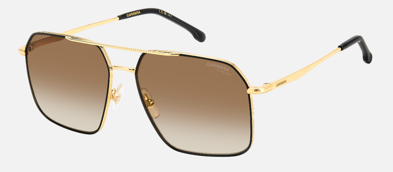 Carrera 333/S 2M2 square sunglasses for men in full rim metal, with black gold frame, and gradient brown lenses. 59mm in lens size, 16mm in bridge size, and 145mm in temple length.