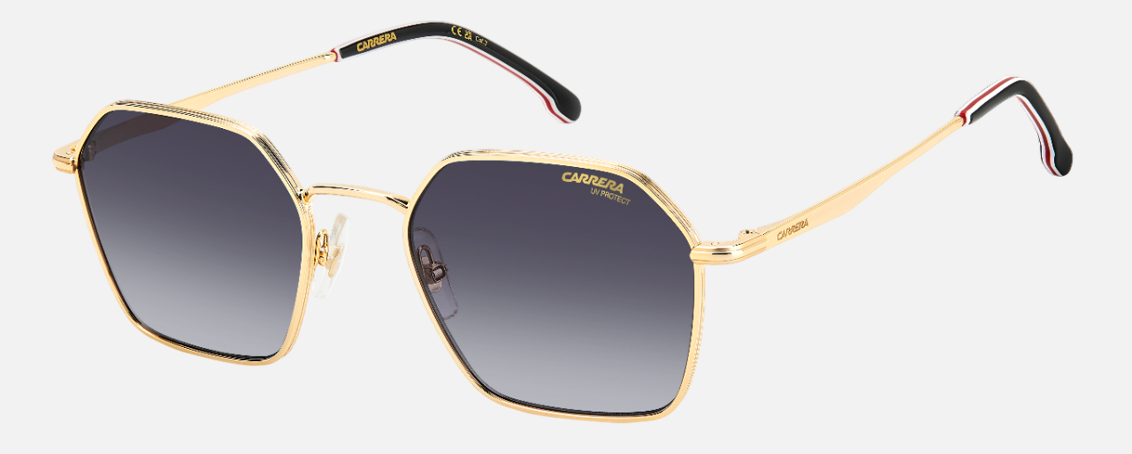 Carrera 334/S J5G hexagonal sunglasses for men in full rim metal, with gold frame, and gradient grey lenses. 53mm in lens size, 21mm in bridge size, and 145mm in temple length.