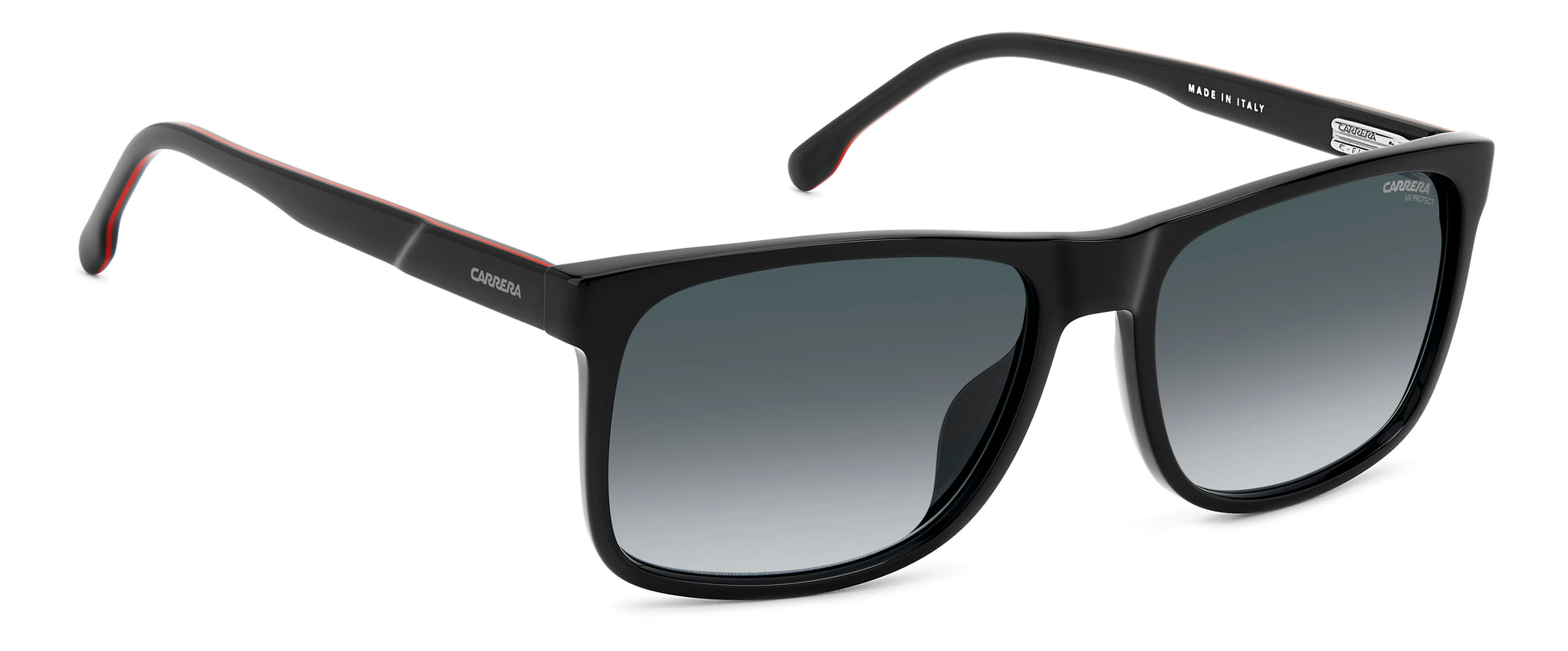 Carrera C FLEX 01/G/S OIT rectangular sunglasses for men in full rim plastic, with black frame, and gradient grey lenses. 57mm in lens size, 17mm in bridge size, and 145mm in temple length.