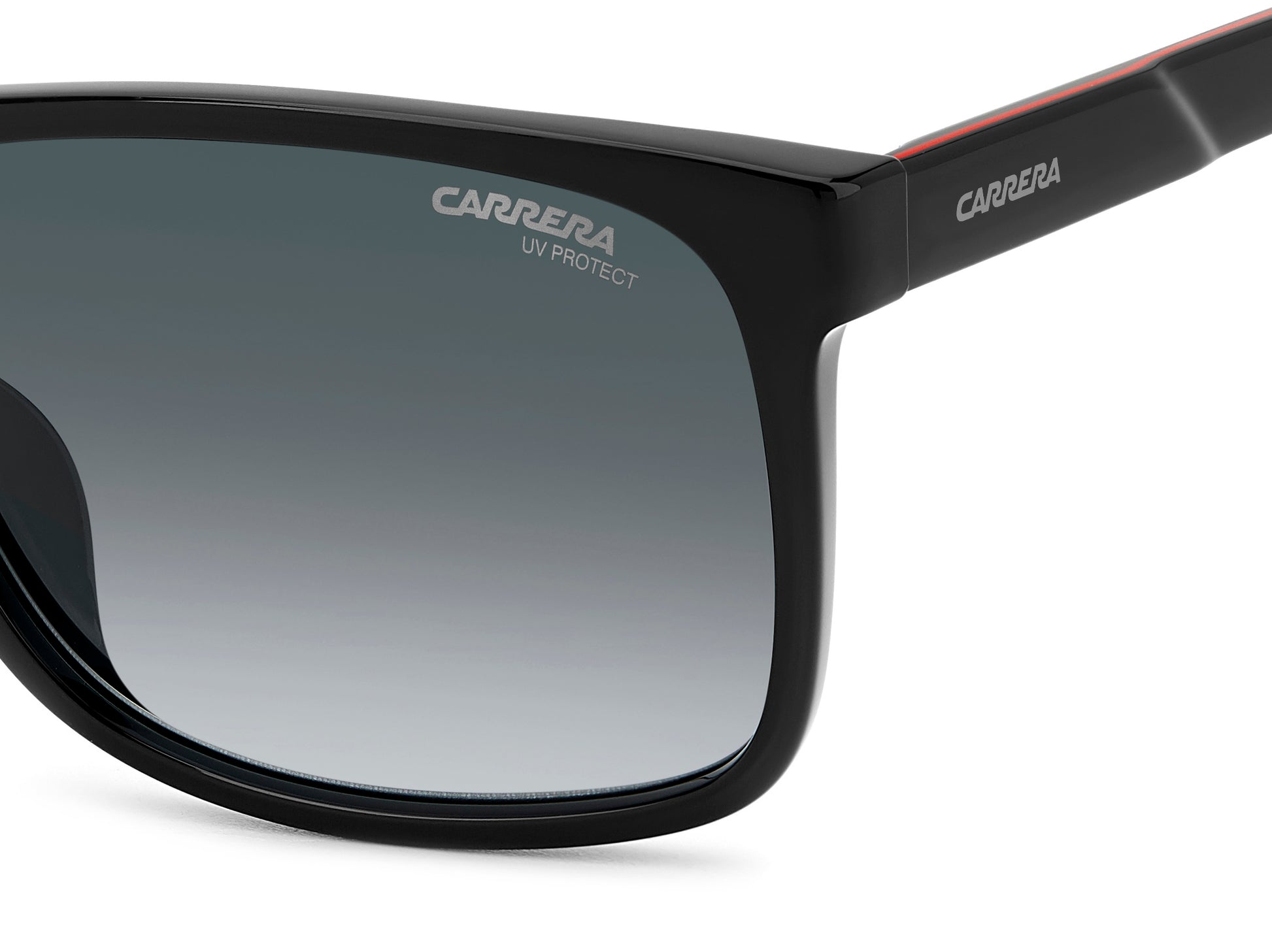 Carrera C FLEX 01/G/S OIT rectangular sunglasses for men in full rim plastic, with black frame, and gradient grey lenses. 57mm in lens size, 17mm in bridge size, and 145mm in temple length.