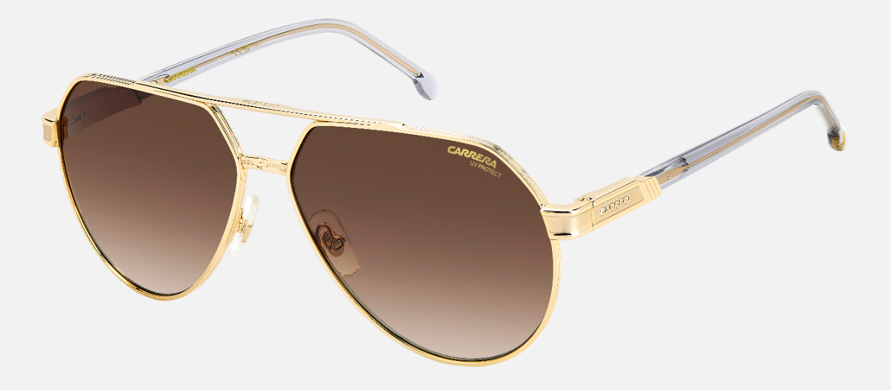 Carrera 1067/S 2F7 pilot sunglasses for men in full rim metal, with gold frame, and gradient brown lenses. 62mm in lens size, 14mm in bridge size, and 145mm in temple length.