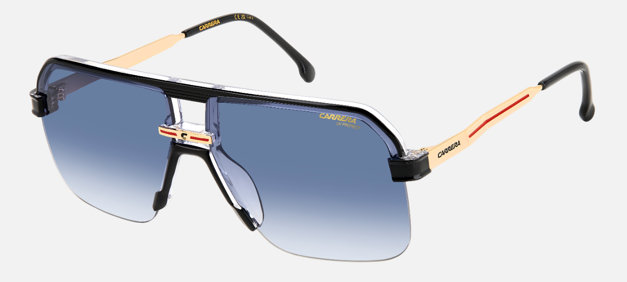 Carrera 1066/S 7C5 pilot sunglasses for men in rimless metal, with black crystal frame, and gradient blue lenses. 63mm in lens size, 12mm in bridge size, and 145mm in temple length.
